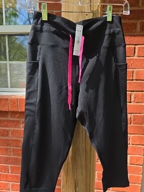PINK Victoria's Secret Black Capris with Hot Pink Drawstring